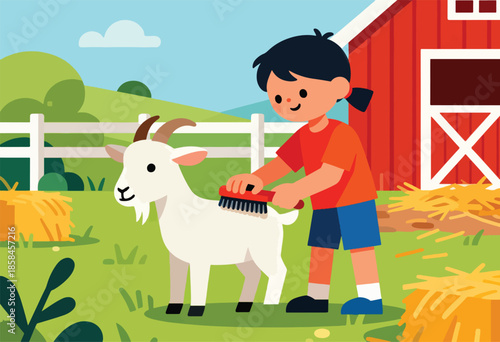 Child brushing a goat by a red barn in a grassy field