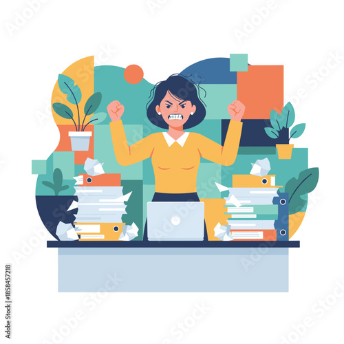 Angry businesswoman shouting buried in documents and huge workload frustration