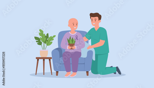 Medical professional comforts cancer patient in chair symbolizing care recovery and hope