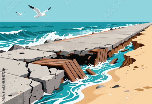 A concrete pier crumbles into the sea, with wooden planks scattered