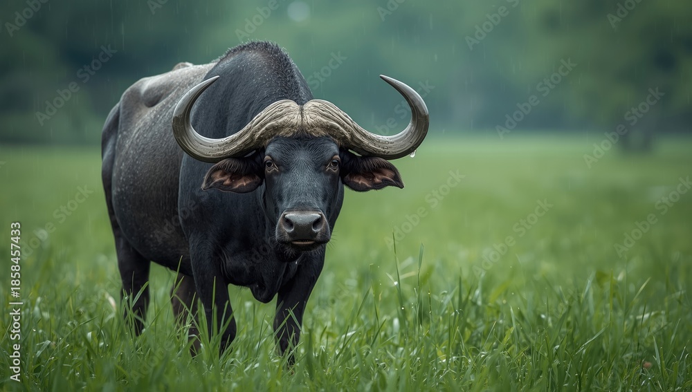 Fototapeta premium Post-rain period shows buffalo feeding on lush grass, highlighting wildlife resilience