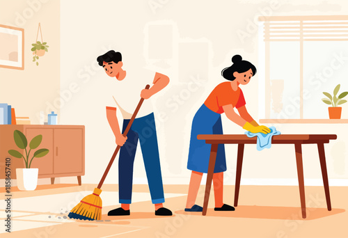 Couple cleaning their home together, one sweeping the floor, the other wiping a table