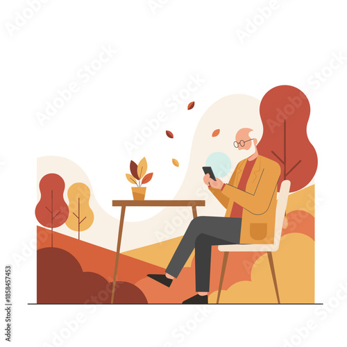 Elderly man using a smartphone outdoors in an autumn setting Digital communication leisure and retirement lifestyle