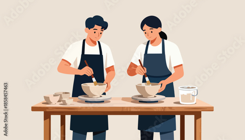 Two people in aprons mix materials in bowls at a wooden table