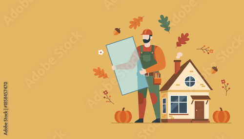 Worker installing glass on a house during autumn season Home repair and seasonal maintenance service
