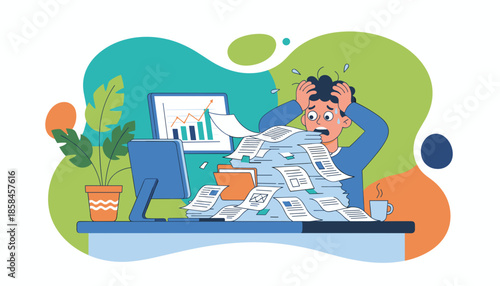 Stressed worker buried under a massive pile of documents deadline pressure and overload concept