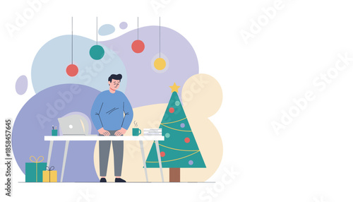 Stressed worker at desk with Christmas decor Holiday burnout or work during festive season concept