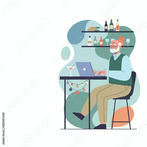 Senior man typing on a laptop at a modern bar counter Concept of active retirement and digital connection