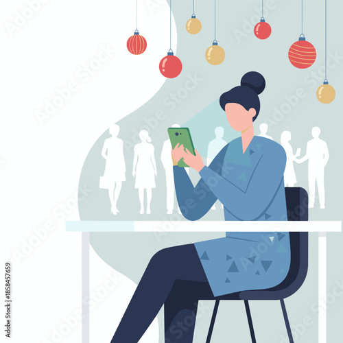 Woman using a smartphone in a crowded festive setting Digital connectivity during the holidays