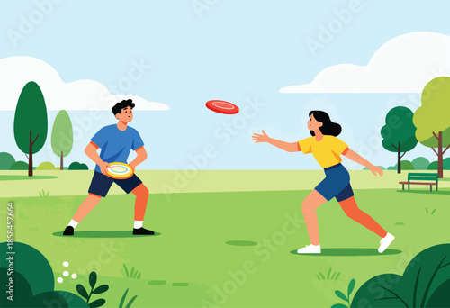 A man and woman play frisbee in a grassy park on a sunny day