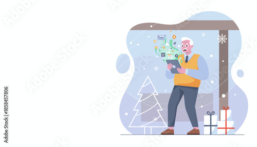 Confused senior man uses a tablet facing information overload during digital holiday shopping