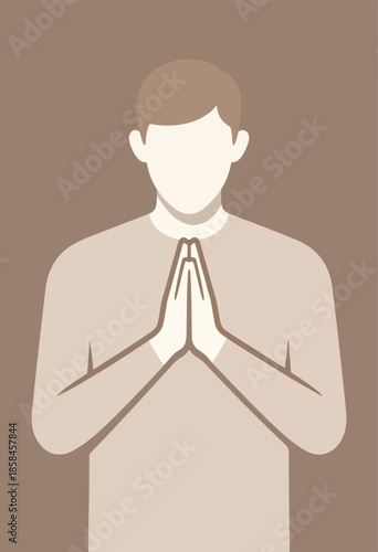 A faceless person in a simple, neutral color scheme bows head with hands pressed together