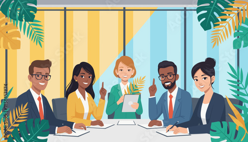 Diverse business team generating ideas and collaborating in a bright ecofriendly office meeting