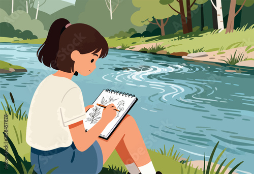 Young artist sketches plants beside a flowing river surrounded by trees