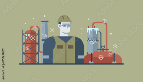 Industrial worker monitors cold weather industrial plant Energy gas oil processing flat illustration