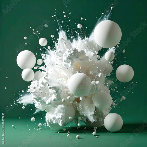 White spheres explode in a cloud of white paint on a green background