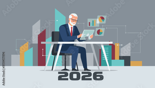 Senior executive analyzing 2026 financial data using a transparent tablet in a corporate setting