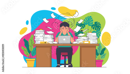 Stressed office worker overwhelmed by paperwork and deadlines Illustrating burnout heavy workload and chaos