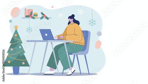 Remote worker using laptop near a Christmas tree Festive winter business illustration