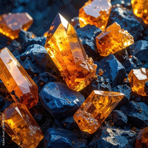 Amber crystals cluster on dark rocks