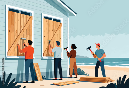 Community members board up windows of a beach house before a storm