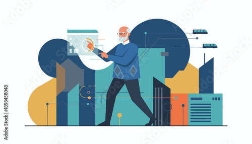 Elderly man manages smart city infrastructure and transportation network using virtual technology display