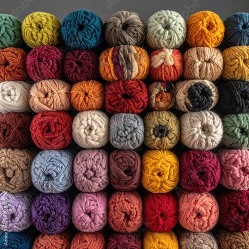 Colorful yarn balls stacked in rows