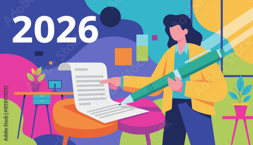 Businesswoman signing 2026 annual report or strategic plan Goal setting and future planning concept