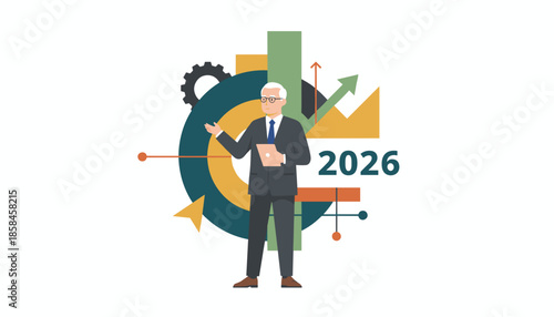 Senior executive presenting business strategy and forecasting growth for the year 2026 illustrated with financial charts