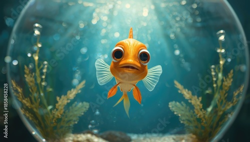 Circular fish tank housing a big-eyed fish, focused on aquatic environment and maintenance