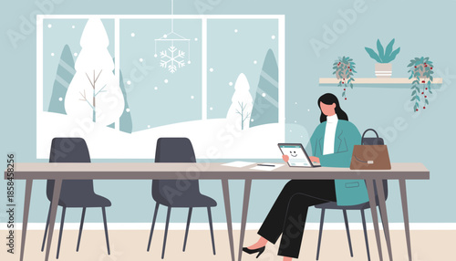 Woman working remotely on a tablet in a modern office meeting room enjoying the cozy view of winter snowfall outside