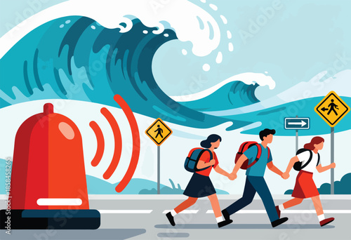 People fleeing giant wave and alarm bell rings