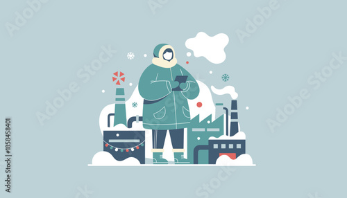 Worker in parka checks industrial facility operations in the snow using a tablet