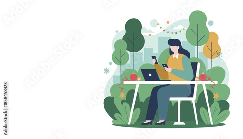 Remote worker busy multitasking outdoors during the festive winter holidays