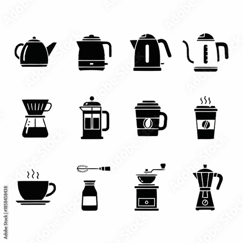 Collection of coffee making equipment and accessories in silhouette.
