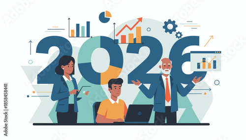 Team planning 2026 financial growth and business strategy using charts and data