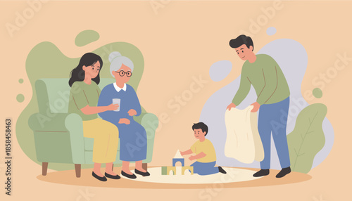 Caring multigenerational family interacting at home Granddaughter helps grandmother boy plays with blocks