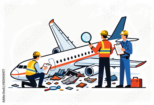 Three inspectors in hard hats examine a damaged aircraft and debris on the ground
