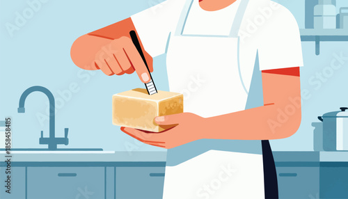Person in apron using a tool to mark a block of cheese in a kitchen