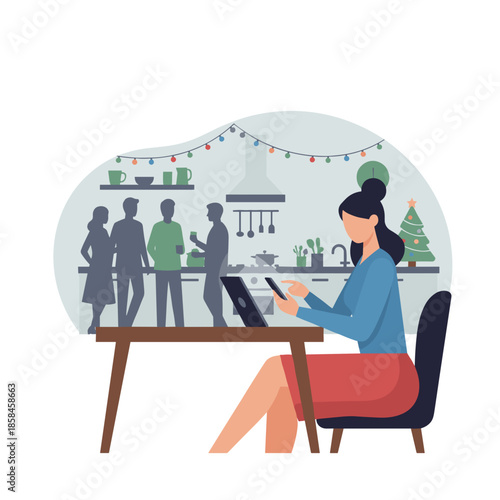 Isolated woman checks smartphone while others socialize at a festive holiday gathering