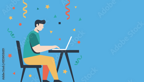 Remote worker celebrating online success with laptop and colorful confetti