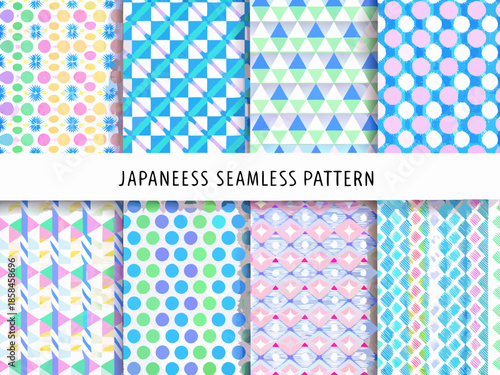 Colorful japanese seamless patterns with triangles circles and diamond shapes