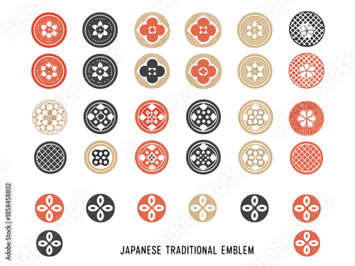 Collection of ornate japanese traditional emblems in various colors and designs