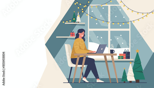 Remote work during holidays Happy woman using laptop in cozy winter decorated home
