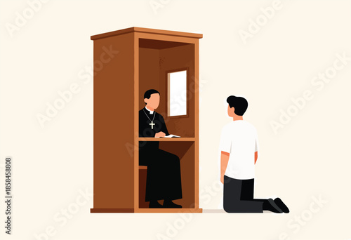 Clergy member hears confession from kneeling person in a wooden booth