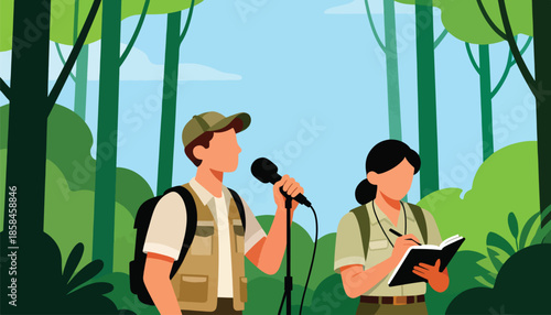 Two people in safari attire in a lush forest, one holding a microphone, the other writing