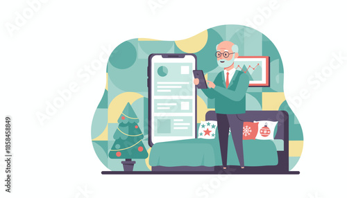 Senior man uses a large phone screen for online tasks in a modern festive room with a Christmas tree