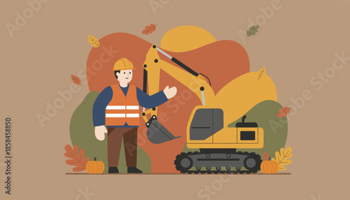 Construction worker and excavator in a seasonal autumn setting Industrial labor and construction flat vector illustration