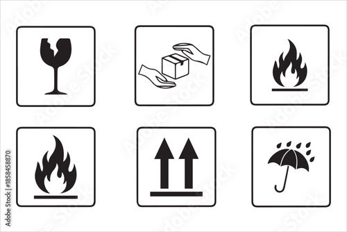 Vector flammable, upward, keep dry ,  Packing symbol set. Fragile, handle with care icons set
