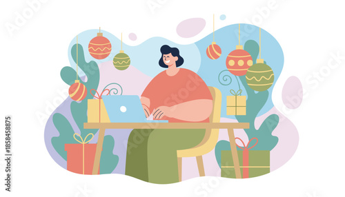 Smiling person working remotely on a laptop surrounded by festive Christmas ornaments and wrapped gifts